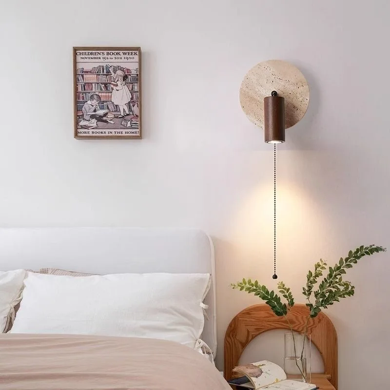 Japanese Mid Century Travertine Wall Light with Spotlight Switch Rotatable LED Bedside Master Bedroom Study Decor Novelty New view 2