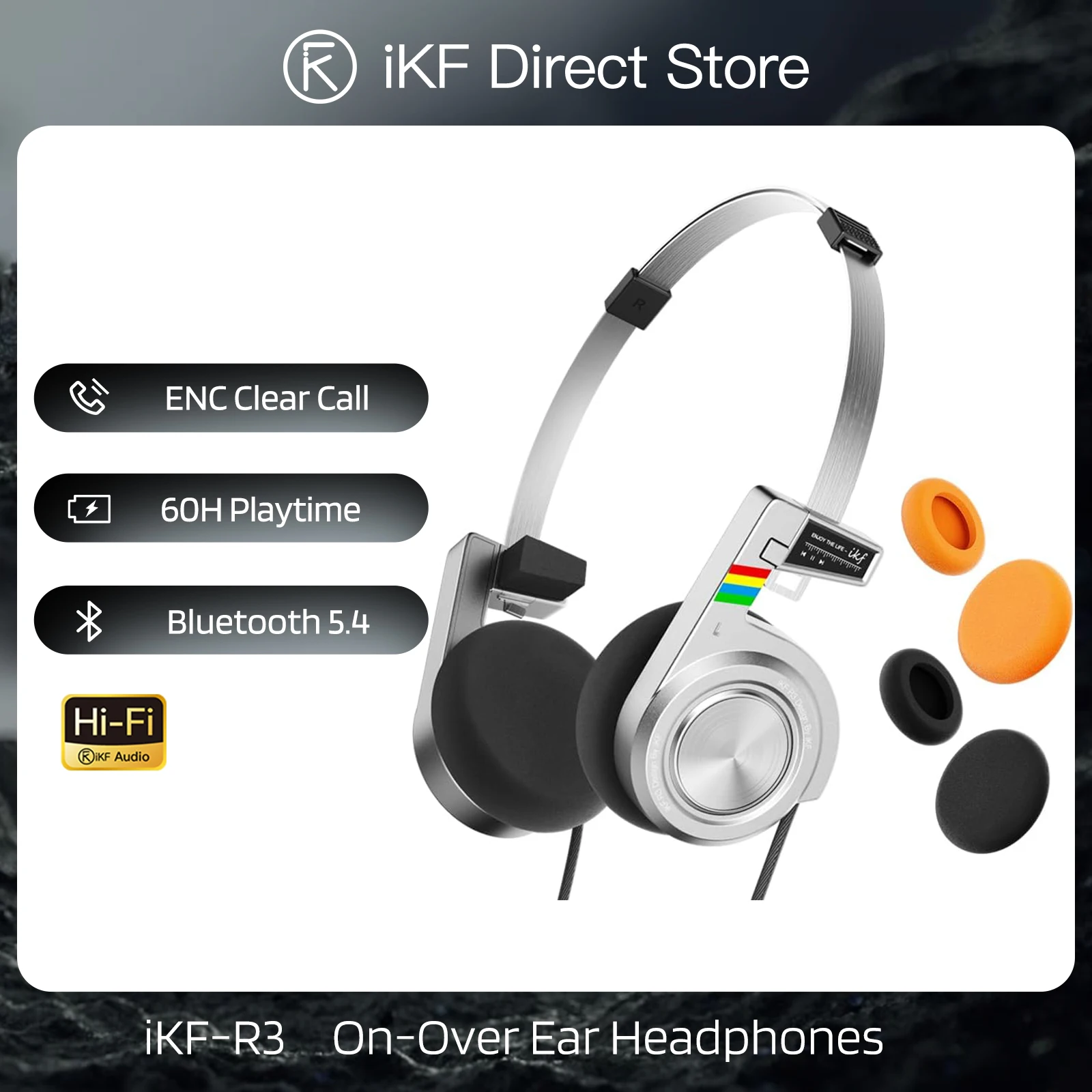 

iKF-R3 Retro Wireless Headphones HiFi Sound Quality ENC HD Mic 60H Playtime Low-Latency Foldable Headset Replaceable Earcups