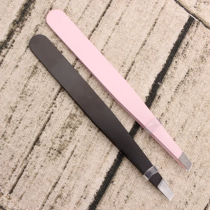 ステンレス鋼眉毛ピンセット、斜めプラー、脱毛メイクアップツール、ブラック/ピンク、1個