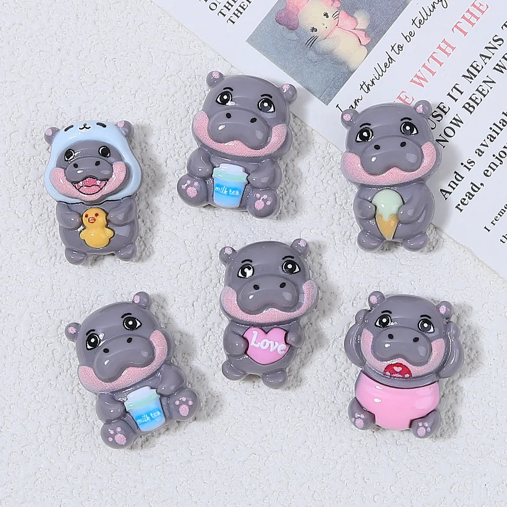 10Pcs Kawaii Cartoon Hippo Flatback Resin Cabochon Scrapbooking Crafts DIY Hair Bows Center Accessories Phone Decoration Parts