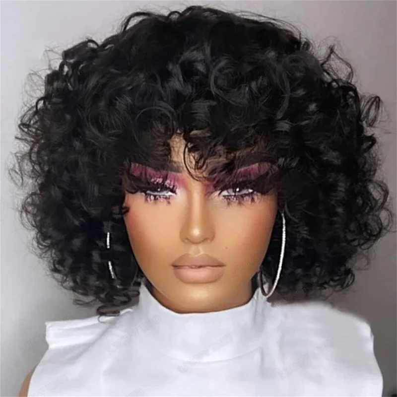 Short curly African women's wig, fluffy and voluminous, made of high-temperature synthetic fiber, black headpiece