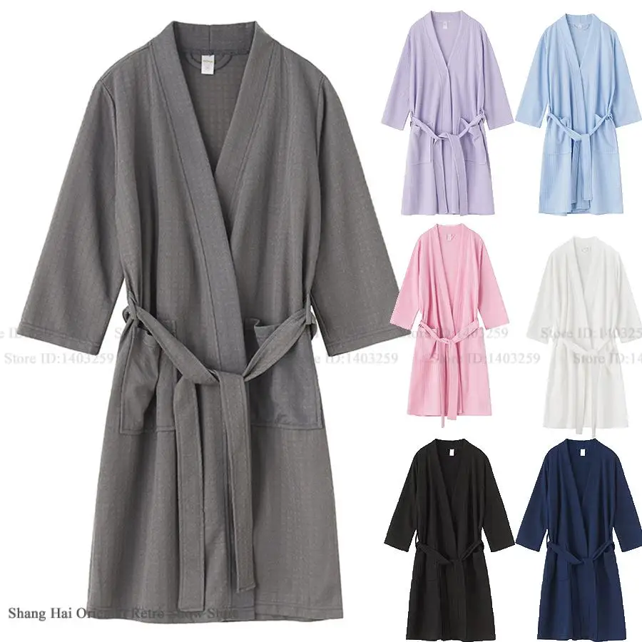 

Waffle Female Bathrobe Kimono Gown Loose Casual Soild Robe Home Dressing Gown Sexy V-Neck Sleepwear Loungewear Negligee Pajama