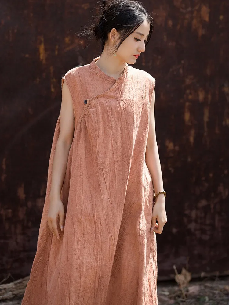 Abito casual in lino di cotone stile cinese donna nuovo arrivo 2025 abiti lunghi a trapezio femminili larghi con colletto alla coreana vintage estivo