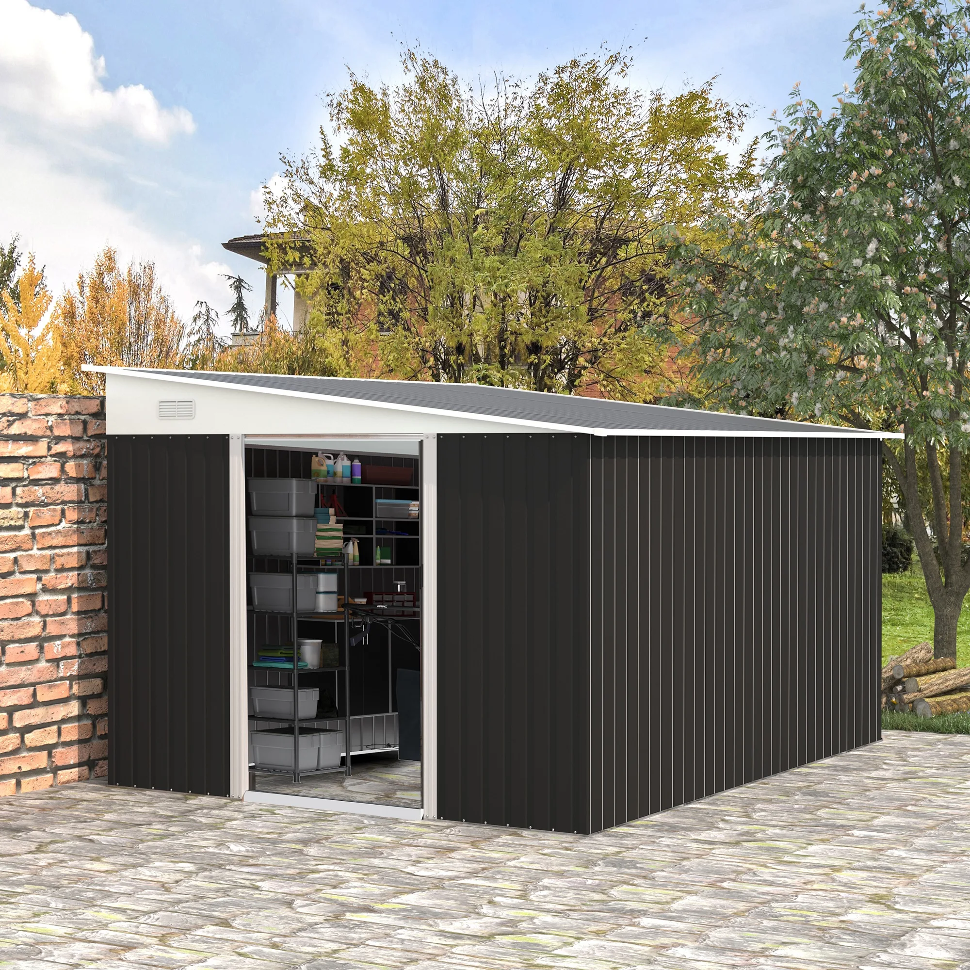 Cobertizo De Jardín Outsunny De Acero Galvanhlen De 8,9 M2 Con Puerta Corredera Y Ventila Fot, Cobertizo Para Herramientas