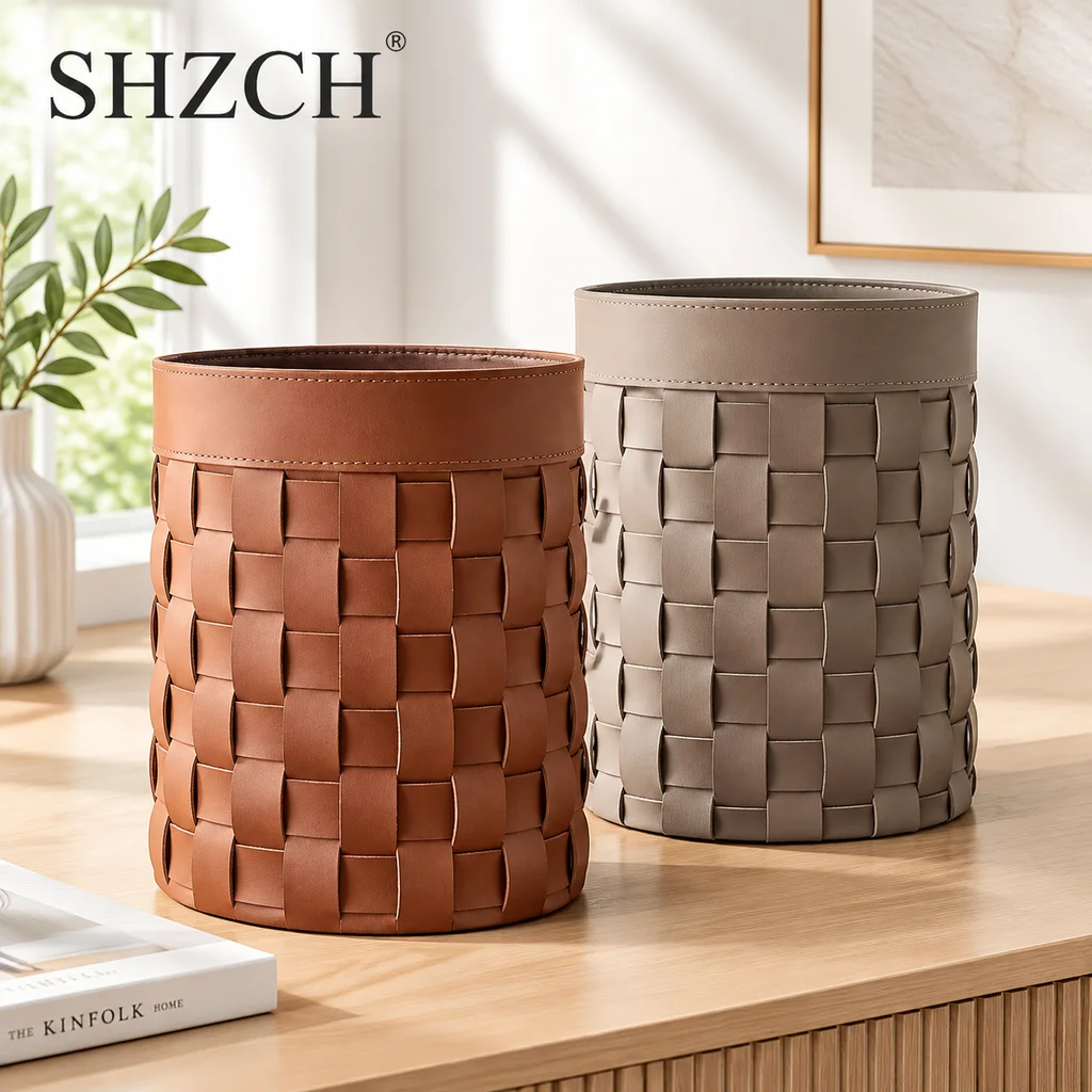 ‌Handwoven Saddle Leather Trash Bin | Multi-Surface Waste Basket for Desktop, Car Console & Bedside, Compact Vintage Home Decor