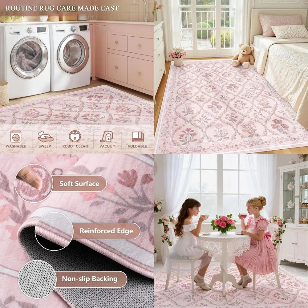 

Floral 5x7 Pink Rug for Girls' Bedroom, Washable Soft Low Pile Carpet for Kids, Playroom, Dorm