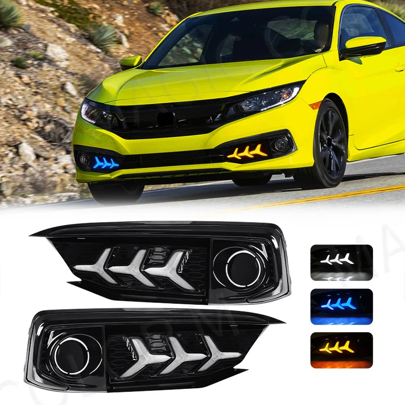 DRL For Honda Civic 2019 2020 Led Daytime Running Lights Tricolor With Dynamic Yellow Turn Signal Auto Daylights Fog Lamp 12V