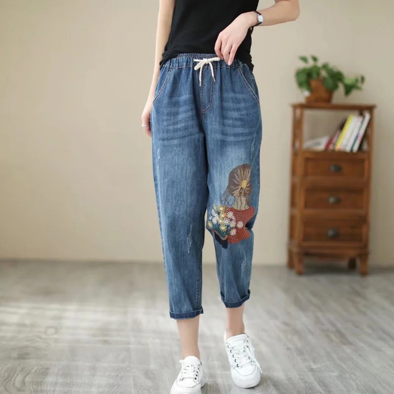 Jeans für Frauen Vintage Mädchen Stickerei Harems hose 2023 Sommer Herbst lässig Schnürung Denim Capri hose hohe Taille Baggy Jeans Femme