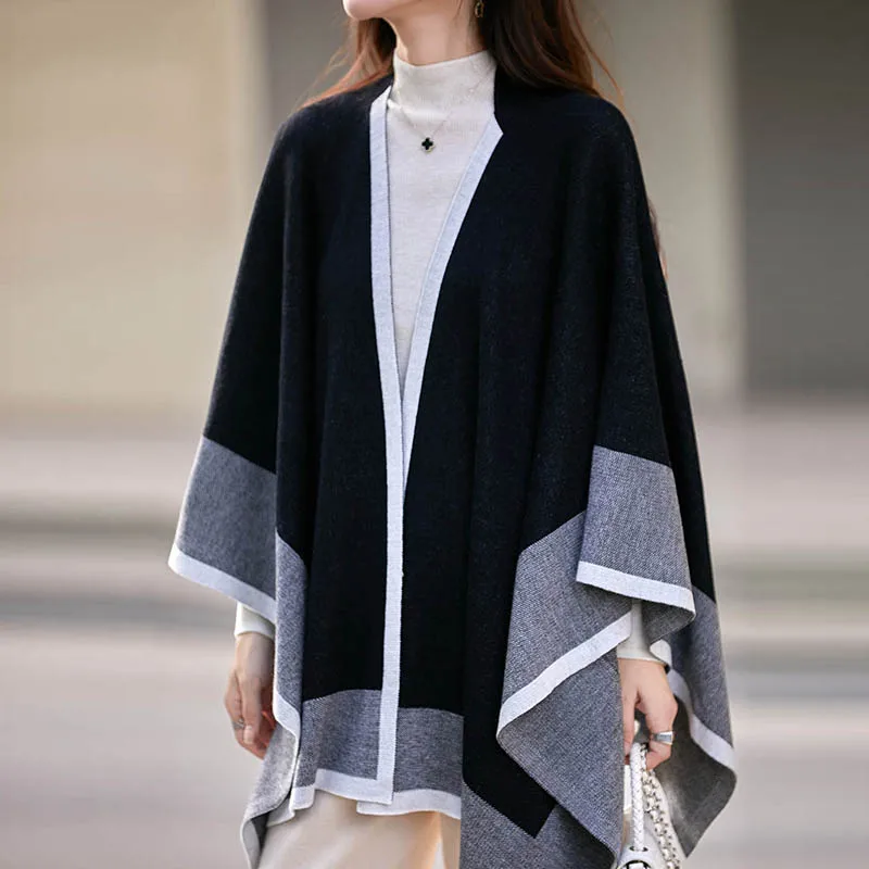 الخريف والشتاء جديد 100% الصوف الخالص شال محبوك المرأة اللون مطابقة عباءة فضفاضة وشاح الموضة #5