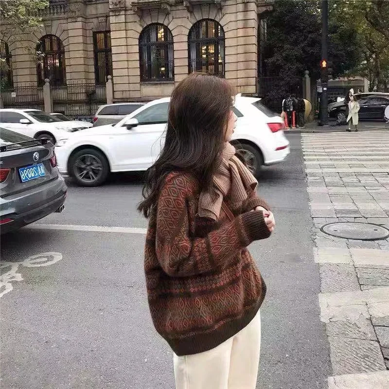 Horizontal Strip with Jacquard Sweater Women's New Winter Korean Version of Fashion Bright Silk Loose Plus Fat Striped Y2k