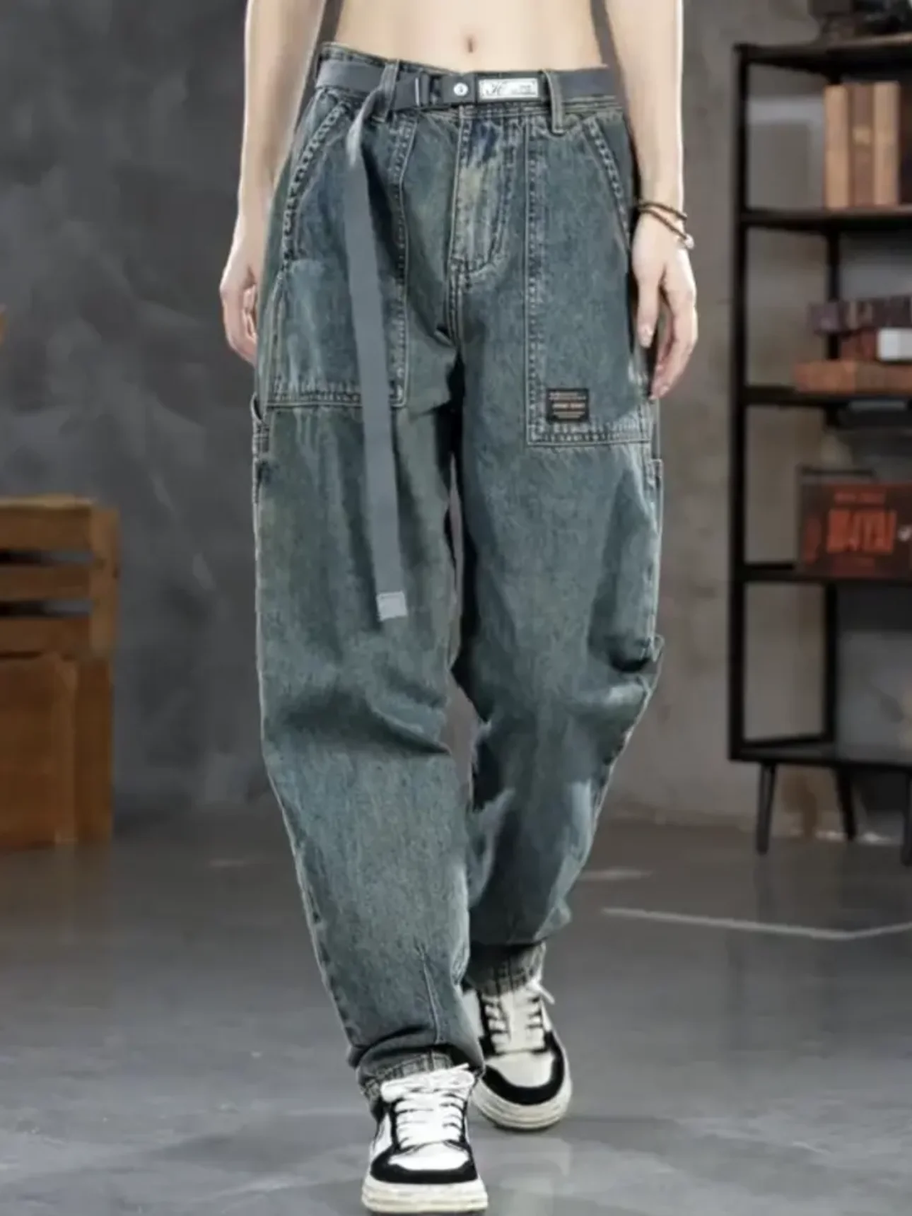 

Trendy Casual Loose Fit Men's Jeans Elastic Waist Versatile Washed Denim Pants Youthful Straight Leg Long Trousers