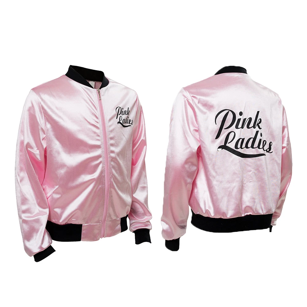 Women Pink Ladies Grease Cosplay Coat Costume Letter Printed Long Sleeve Girls Baseball Jacket Scarf  Halloween Party Costumes