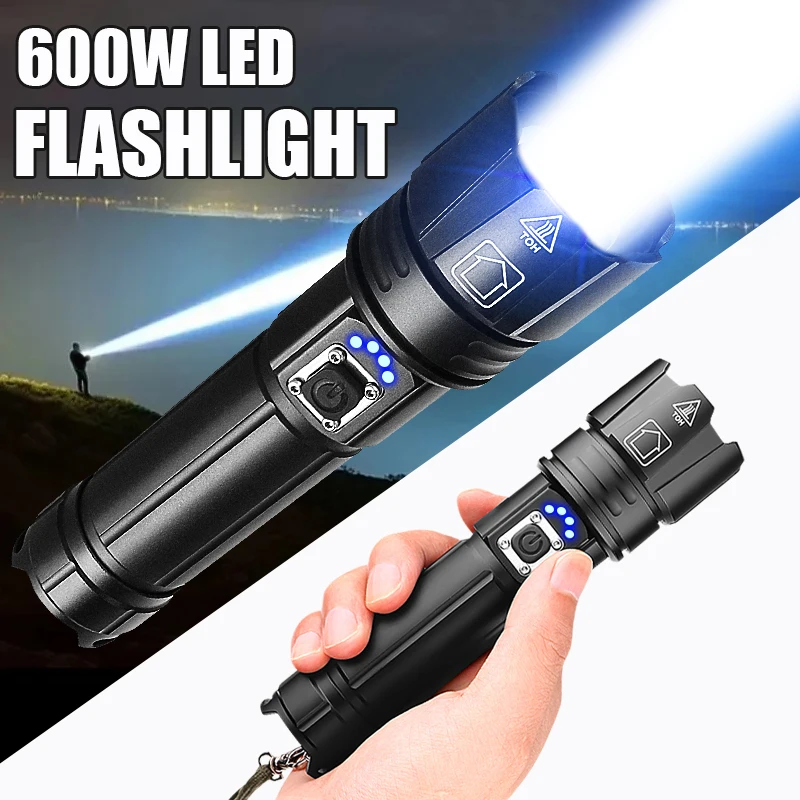 

Rechargeable Flashlight High Power 600W LED Flashlights Zoomable Super Bright Lantern Waterproof Torch Outdoor Fishing Camping