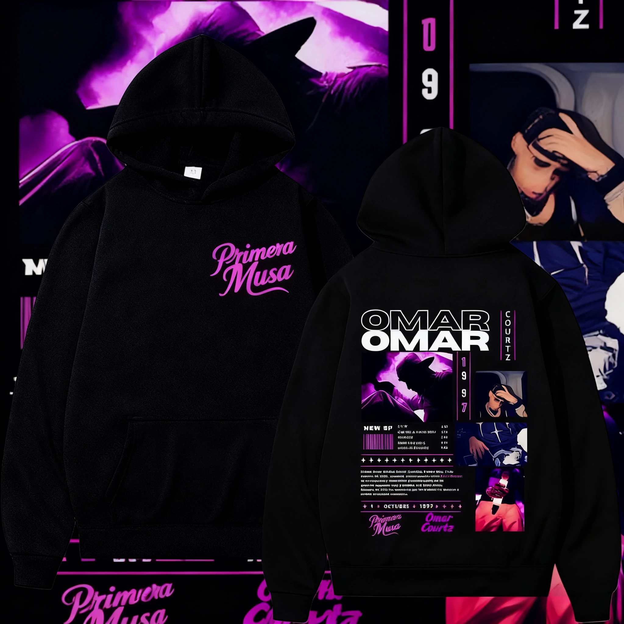 2025 الخريف/الشتاء عمر كورتز بريميرا موسى ألبوم جولة الجرافيك هوديي الذكور الهيب هوب الشرير قلنسوة من القطن فضفاض عادية البلوز