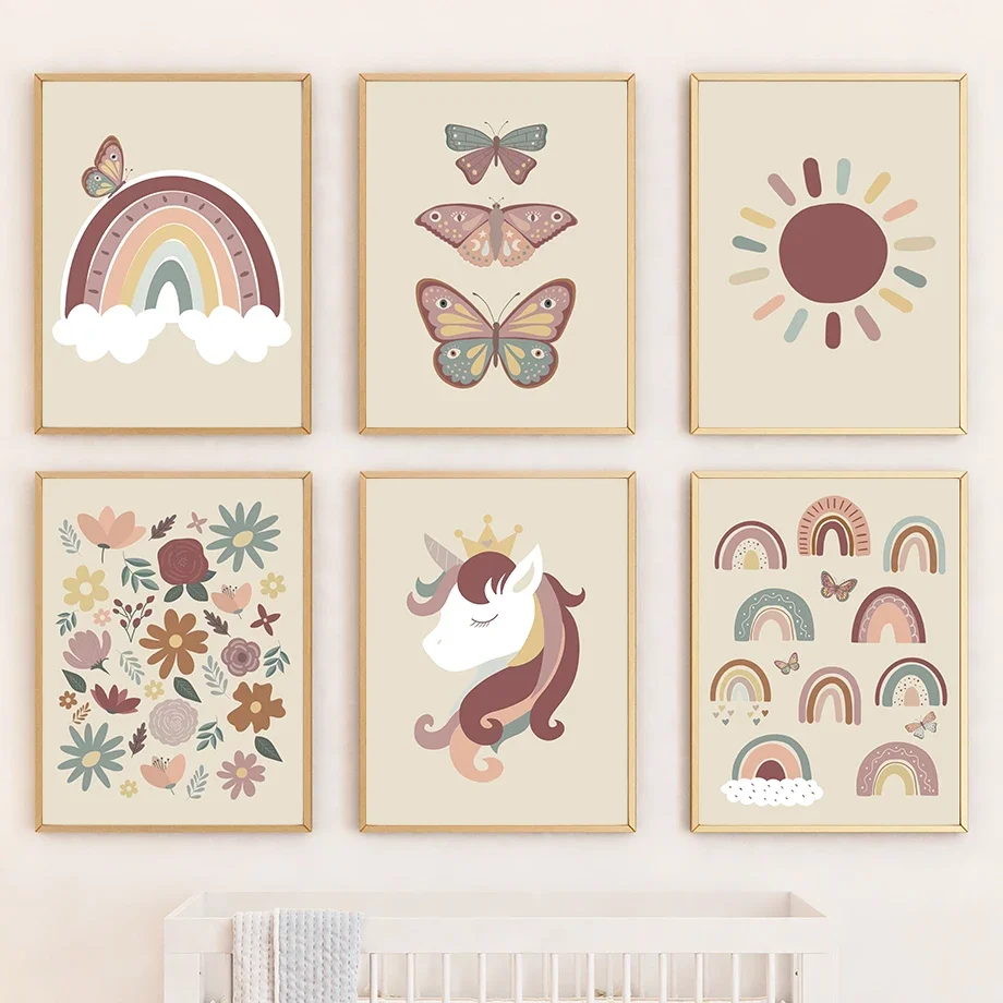 Multi-size 1PC frameless high-definition decorative paintings,Sun Rainbow Butterfly Unicorn Flower Wall Art Canvas Painting Nord