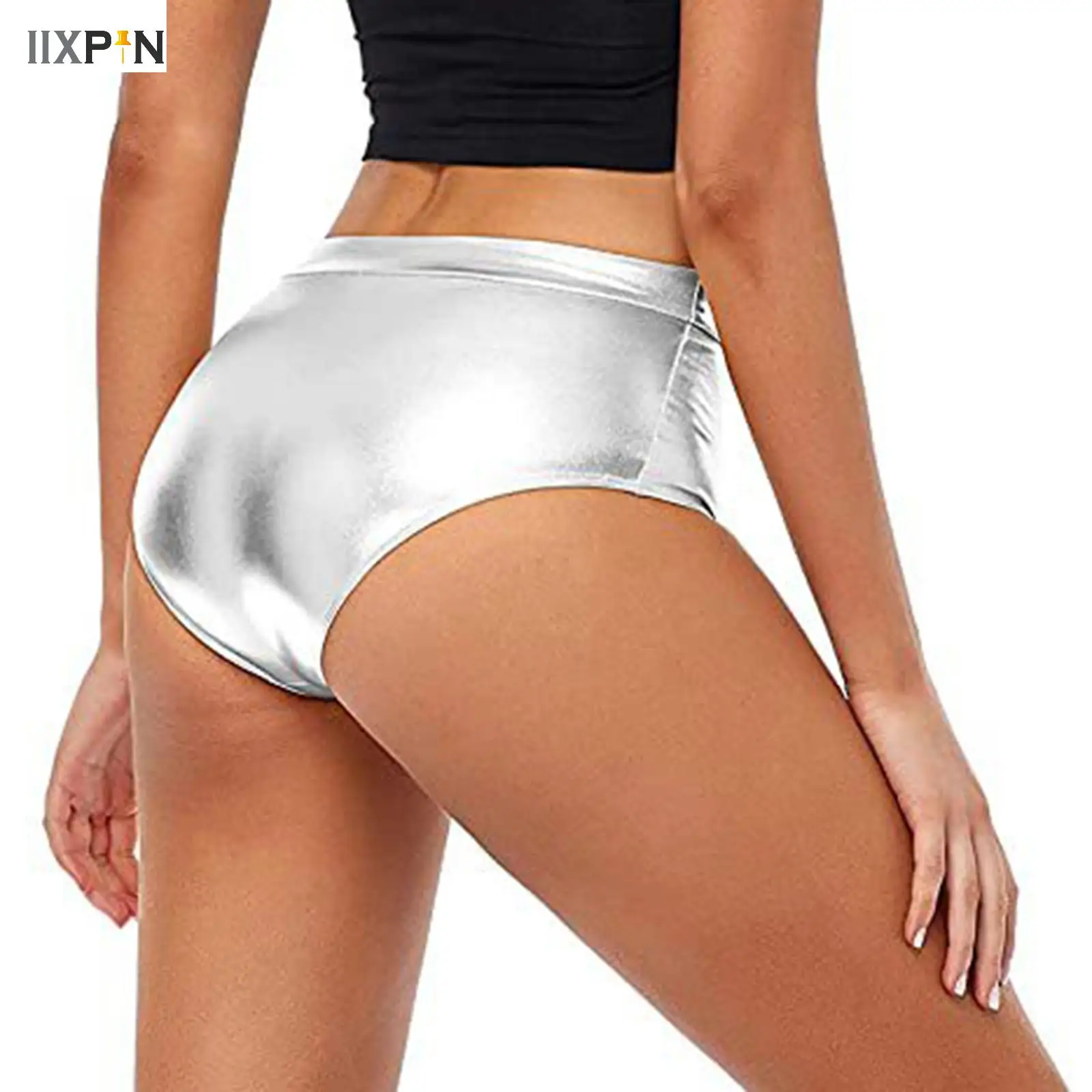 Women Metallic Cheer Booty Dance Shorts Girls Mid Waist Gymnastics Shorts Red Underpants Shiny Stage Performance Bottoms