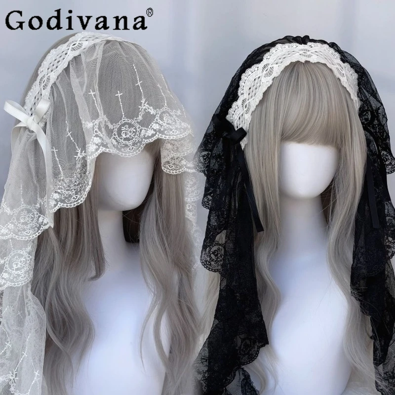 

Lolita Black and White Lace Headband Women's Veil Gothic Harajuku Cosplay Headwear Female Sweet Halloween Hair Accessory