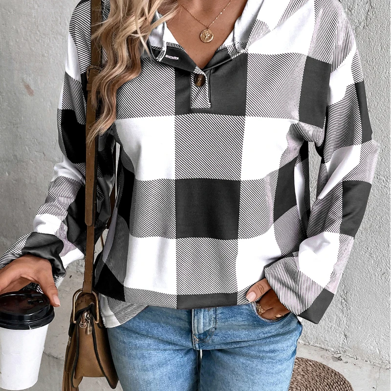 New Women's Unisex Checkered Printed Loose Casual Fashion Button Long Sleeved Hooded Sweatshirt