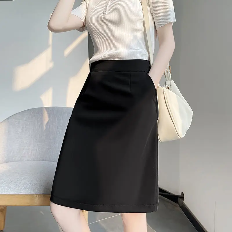 Saias femininas avental de algodão retalhos saia alargamento cafeteria workwear retro utilitário bolso moderno mulher madura escritório wear