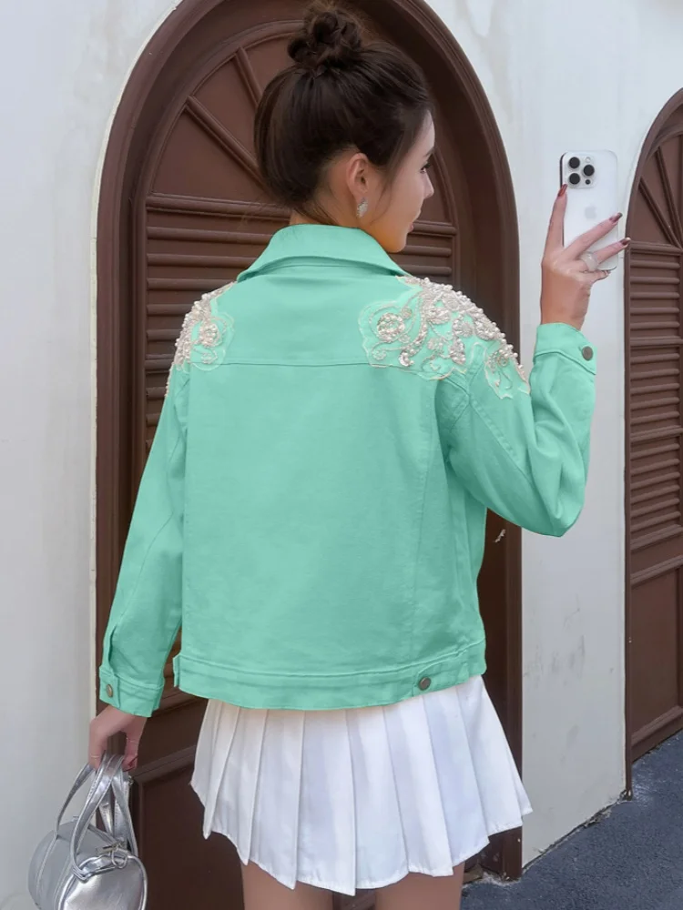  Heavy-Du Denim Jaet Women's Loose Top Me Pearl Embellied Spring Faion Outerwear Straight Cut Long Sve