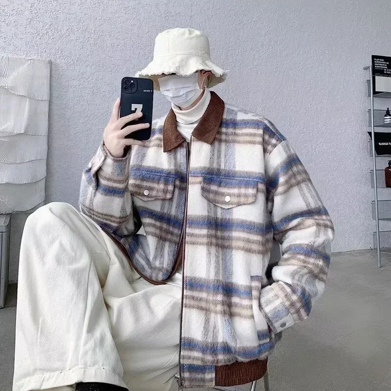 

Spring Plaid Woolen Turn-down Collar Jackets For Men Y2K Vintage Zipper Patchwork Coats 2025 New Female Casual Basic Jacket
