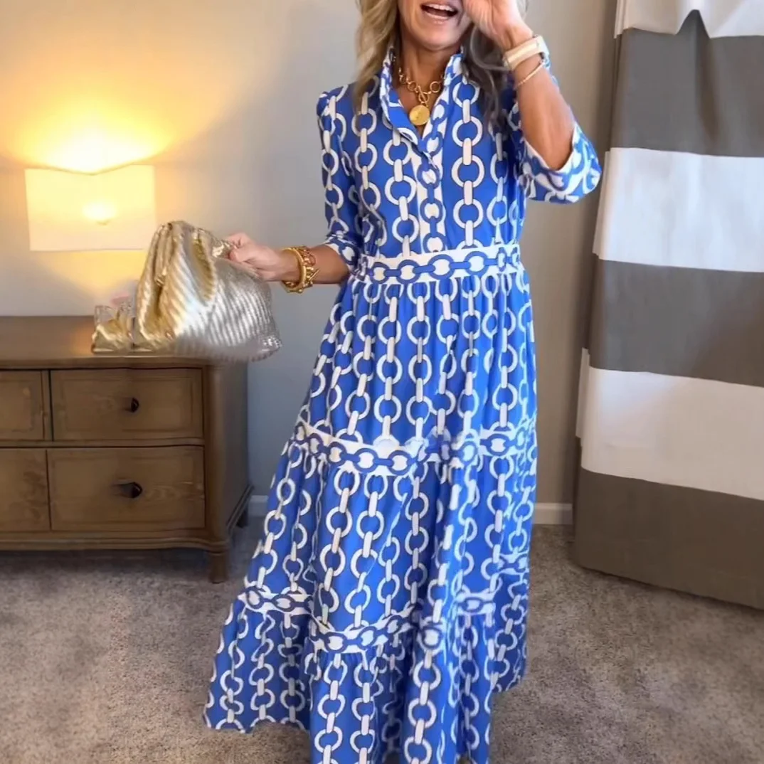 تنورة طويلة مطبوعة هندسية Dr Ele مستديرة Ne عبر الحدود لربيع وصيف ميدي Dr محبوكة من نسيج البوليستر على شكل حرف a #2