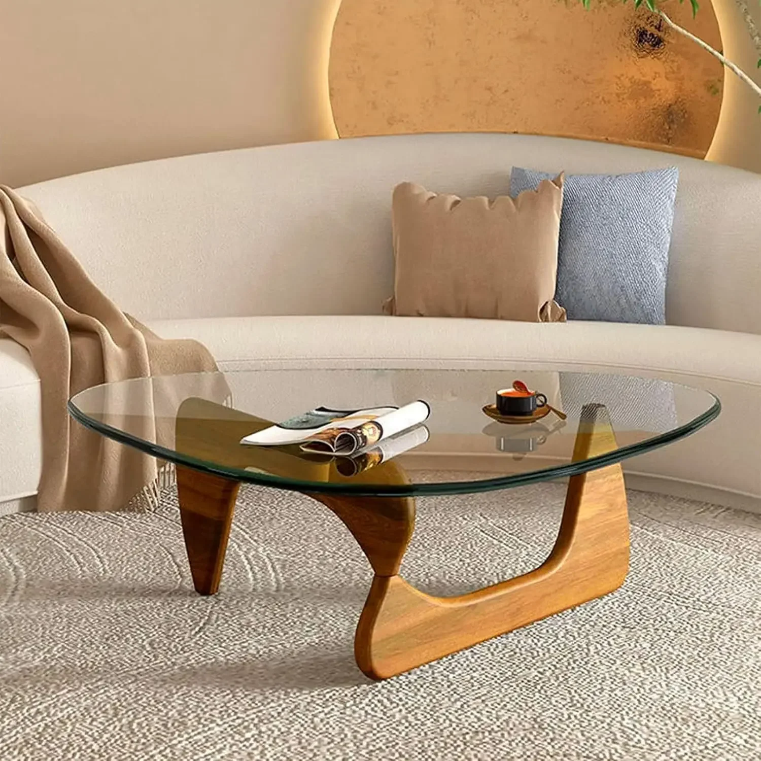 Tables for Living Room - Triangle Glass Coffee Table with Wooden Base Mid-Century Modern Abstract End Table for Study Room