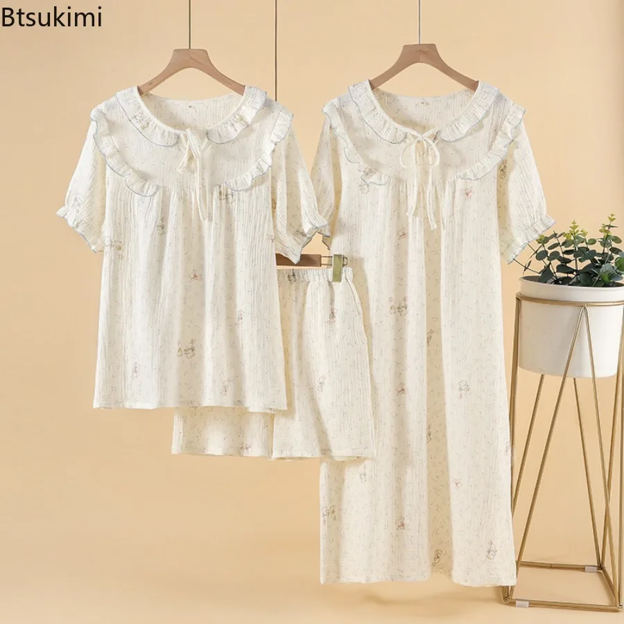 

Women's Cotton Crepe Cloth Small Fresh Floral Sweet Home Nightdress Short Sleeve Shorts Pajamas Round Neck Loose Leisure Pijamas