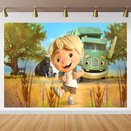 Imagen 2 del producto Disney fondo de camión de basura para niños, decoración de fiesta de primer cumpleaños, Fondo de fotografía, madeja de poliéster, accesorios de estudio fotográfico de vinilo