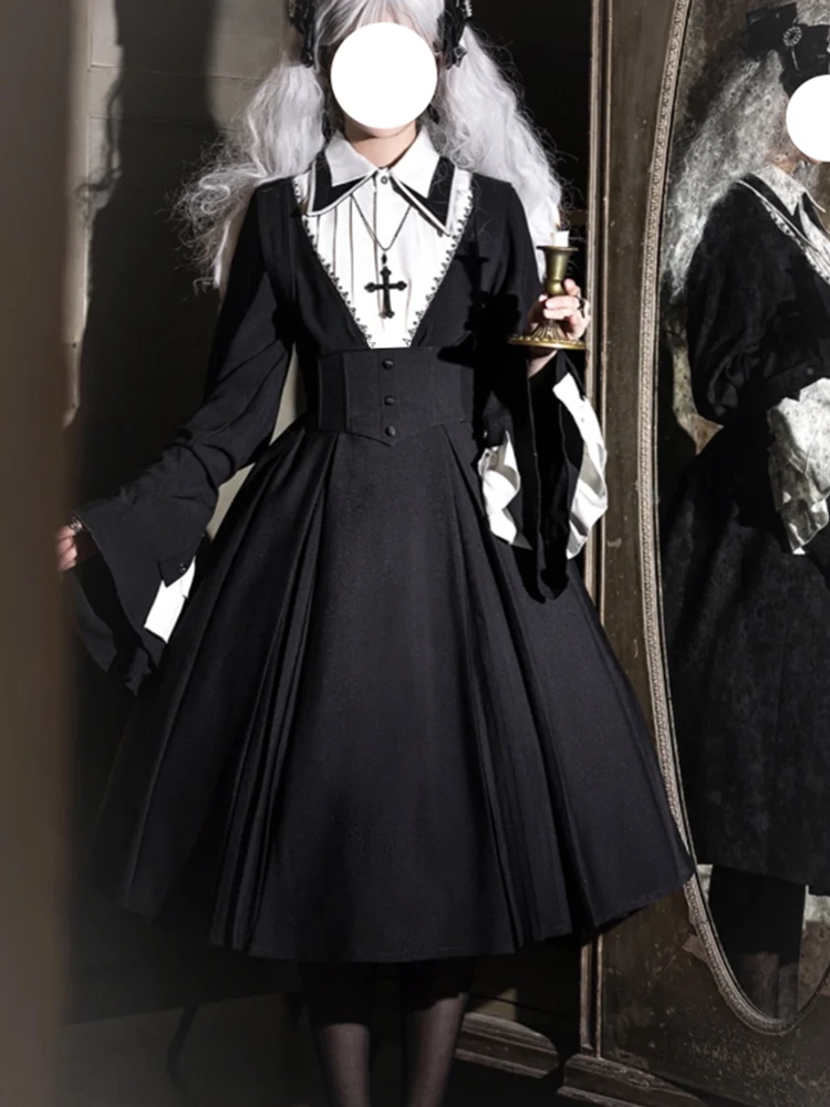 Costume de nonne gothique Lolita, ensemble complet de grande taille en Fiber de Polyester, Long Sve, coupe cintrée, ensemble de pièces t-shirt loween Cosplay Dr
