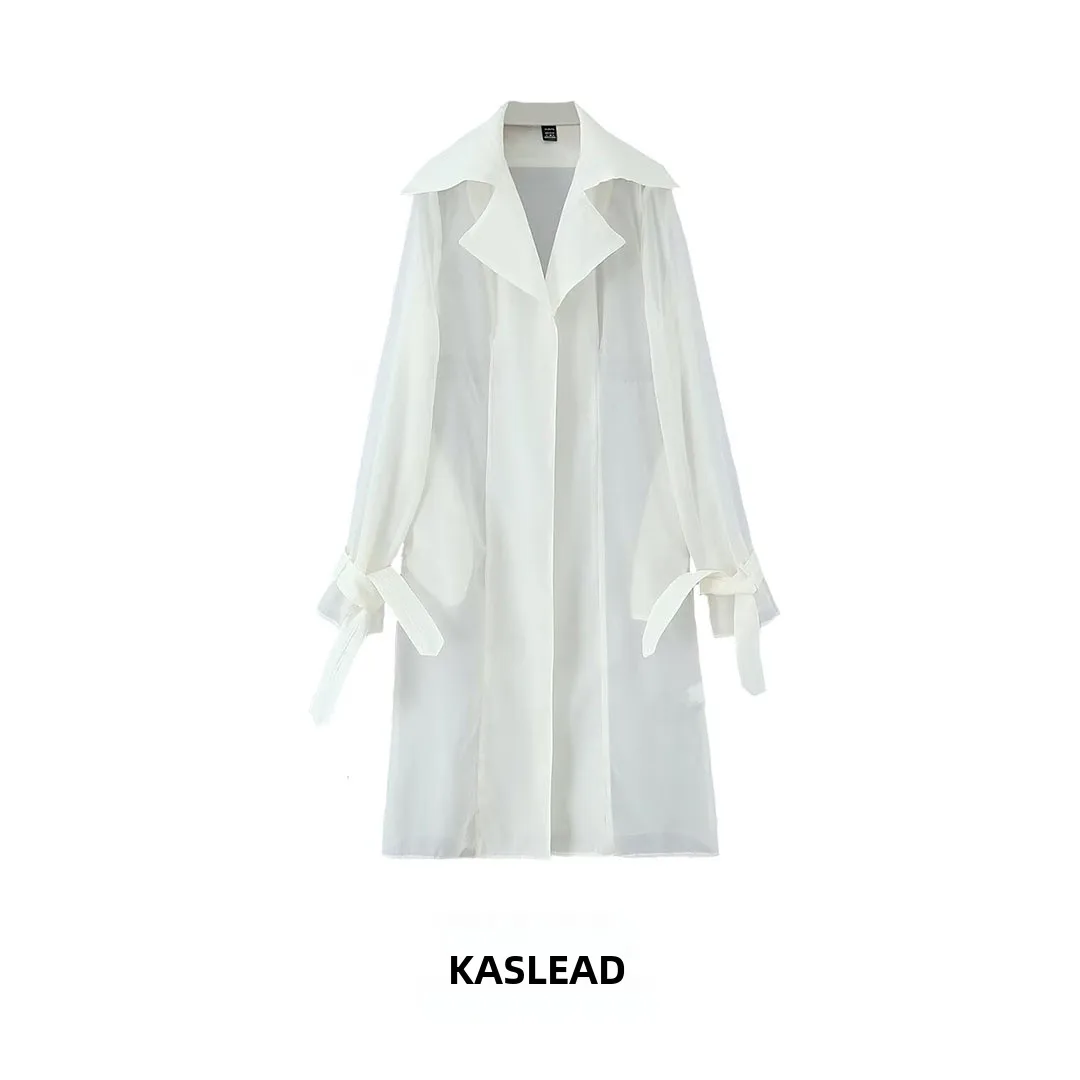 

KASLEAD New Women's Fashionable Shirt Style Windbreaker Sleeveless Long Sleeve Polyester Fiber Sunscreen Coat with Big Collar