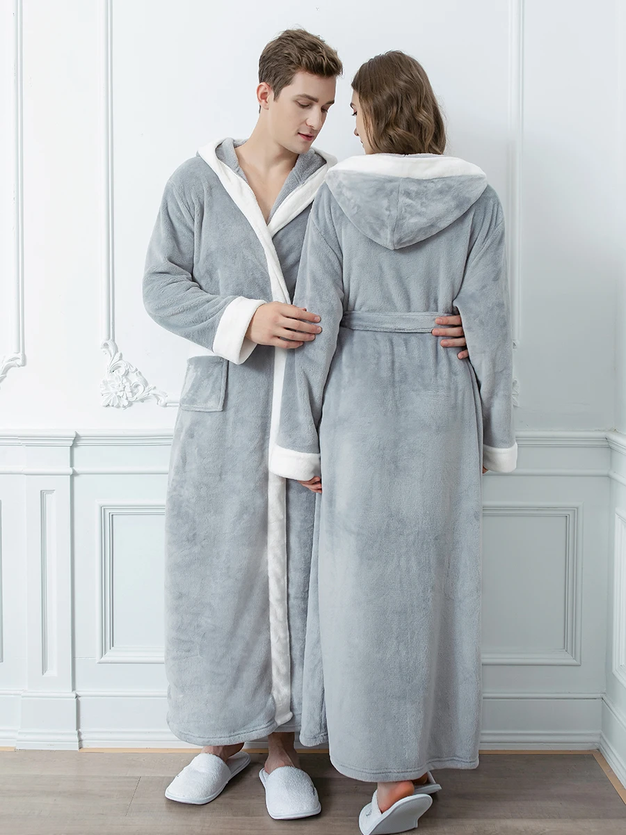 Winter Thermal Hooded Couple Robe Soft Flannel Fleece Extra Long Bathrobe Men Women Casual Home Sleepwear With Waist Belt