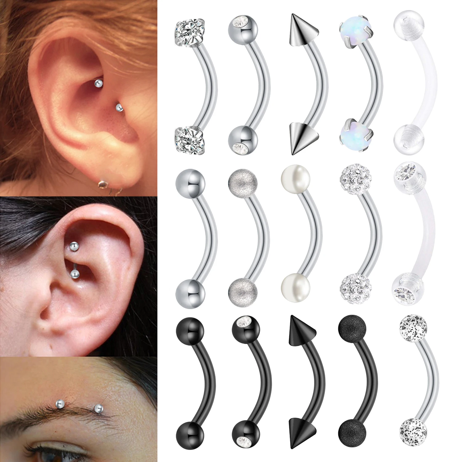 3er-Set Edelstahl-Augenbrauenpiercing mit Opal-Zirkonia, 16G Gewinde, gebogen, für Lippen, Knorpel, Ohrstecker, Piercing-Schmuck