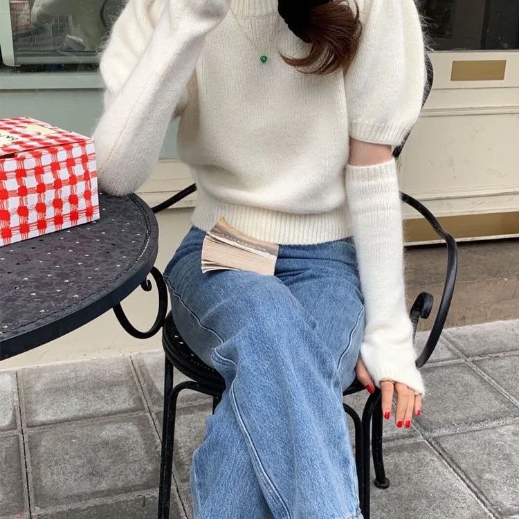 

Вязаный свитер со съемными рукавами, женские пуловеры, сексуальные осенние открытые передние диагональные блокированные средней длины, универсальные модные молодые девушки