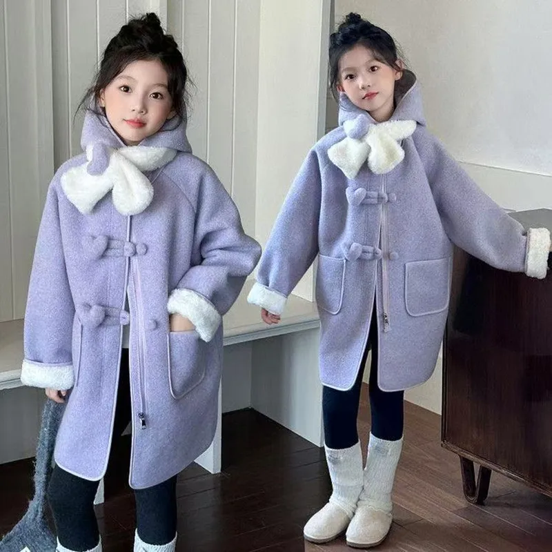 Girls' Shiny Mid-Length Woolen Coat | Red Festive Hooded Winter Jacket for Mid-Older Kids 2026 New Year Celebration Outfit