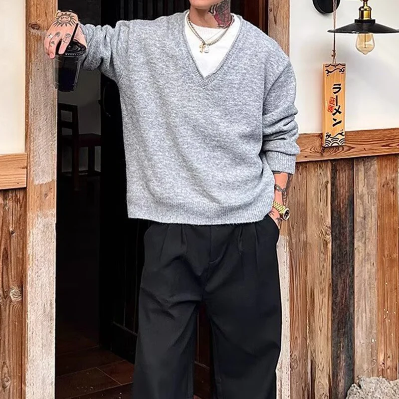 مزدوجة الطبقات المرقعة البلوزات الرجال Vintage سليم كم طويل الحياكة تي شيرت رجالي 2026 ربيع الخريف العصرية متماسكة البلوز القمم