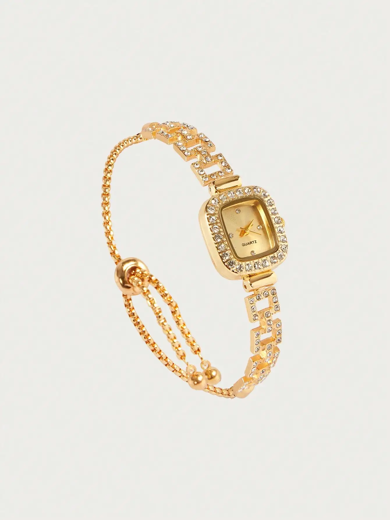 Glisma 1pc Women's Square Shaped Gold Case Rhinestone Decor Watch With Diamond Studded Dial, Hip Hop Style Quartz Wristwatch With Adjustable Strap，sj260407161691572971976