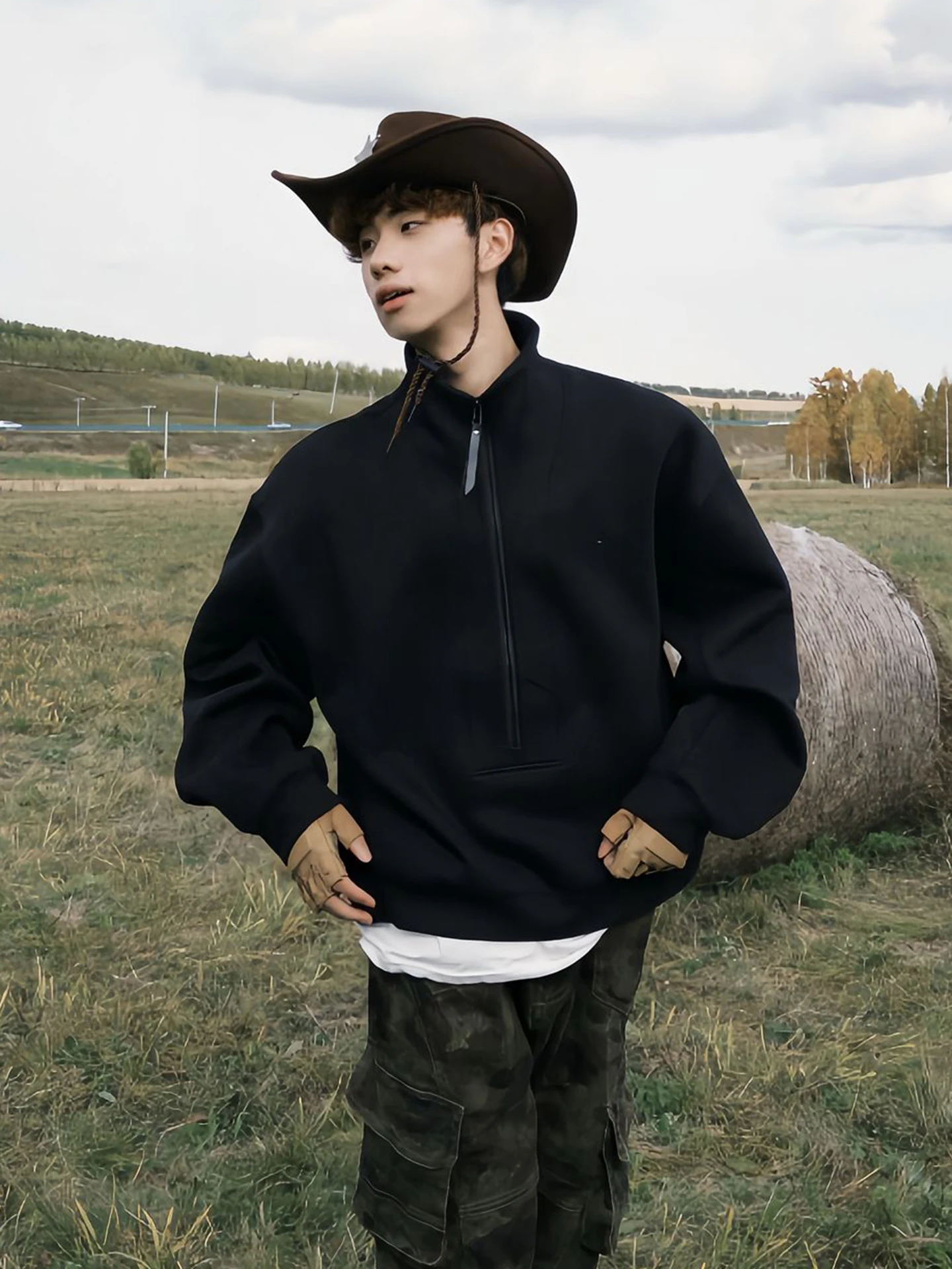 

Black Half Zip Hoodie Men's Style Comfortable Loose Fit Long Sleeve Sweatshirt Cleanfit Boys Outerwear for Autumn Season