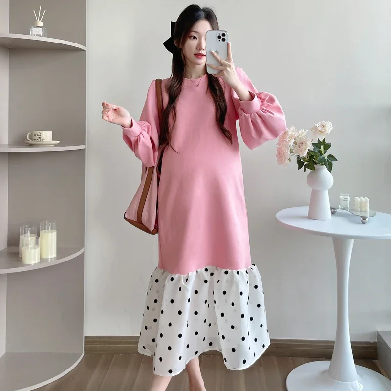 

Korean Style Autumn Pregnant Woman Hoodies Dress Fashion Polka Dot Fishtail Patchwork Maternity Mermaid Dress Maternity Dresses