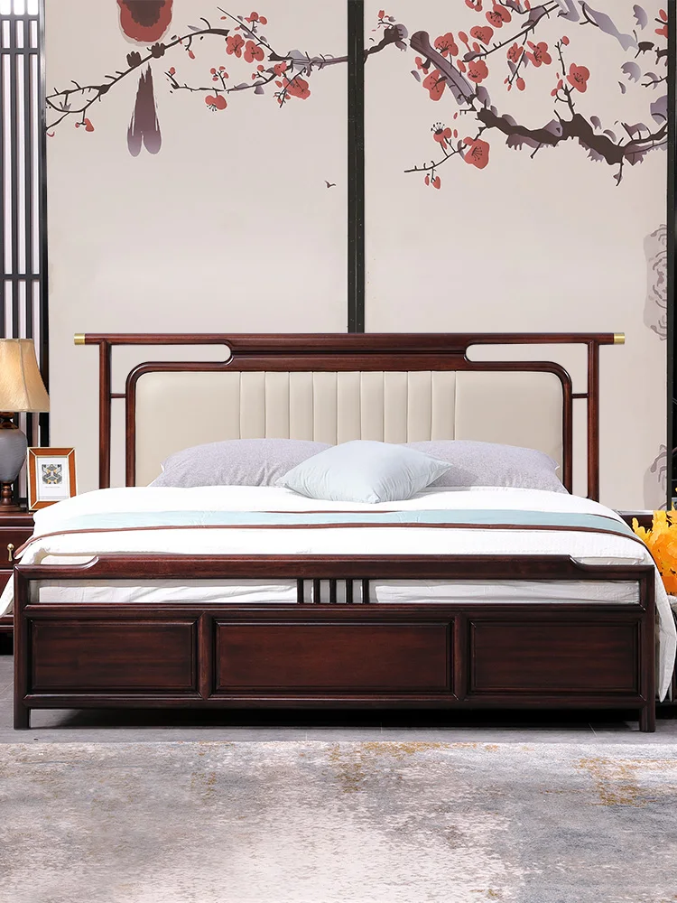 New Chinese bed, master bedroom, ebony solid wood double bed, 1.8 meters, 1m5 light luxury leather bed, Chinese style