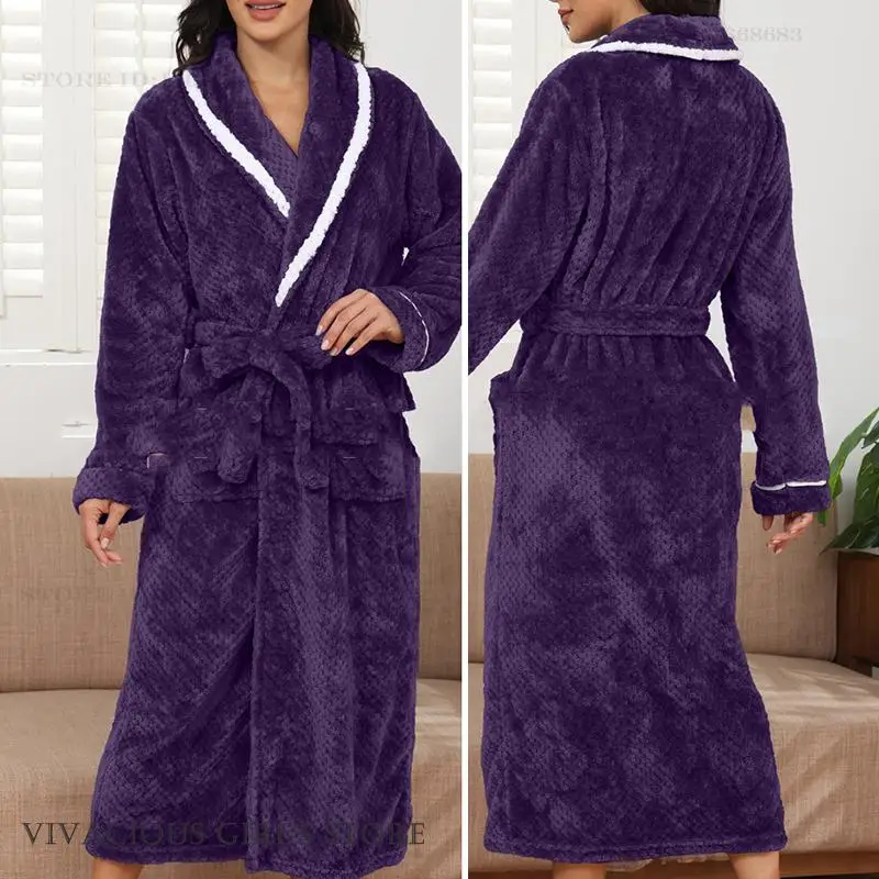 

Autumn Winter New Flannel Women Long Robe Sleepwear Thicken Warm Bathrobe Kimono Gown Couple Nightwear Homewear Loose Loungewear