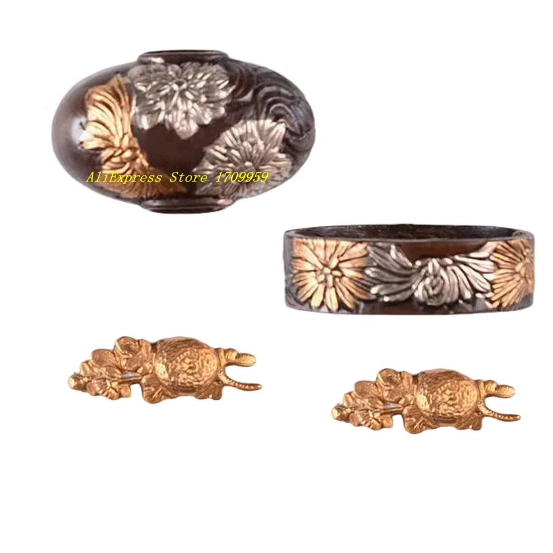 Um conjunto de acessórios de cobre crisântemo Menuki Fuchi Kashira para samurai japonês Katana/Wakizashi/Tanto espada alça peças Tsuka