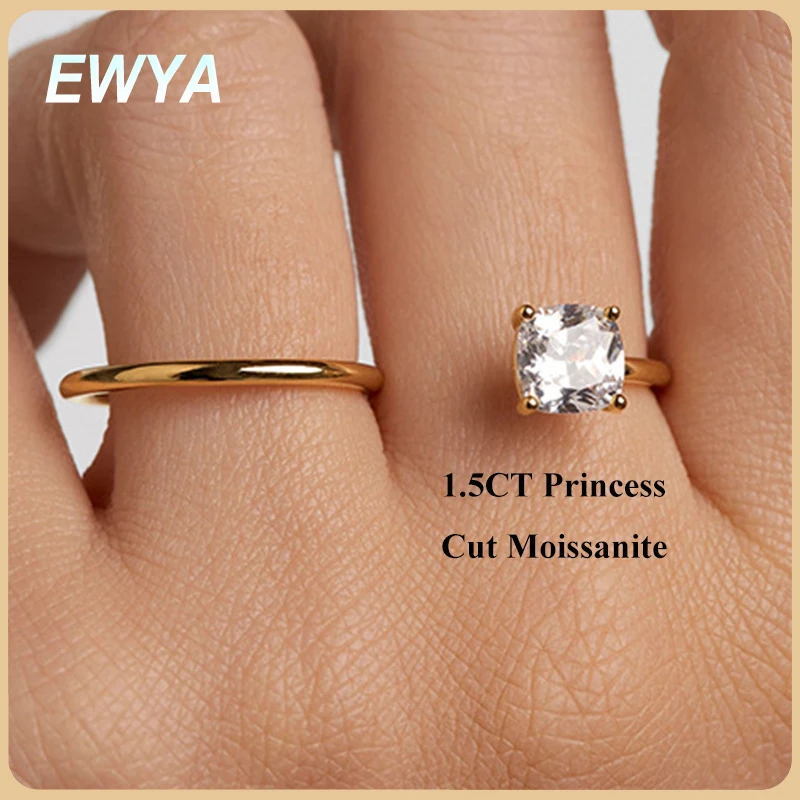 

EWYA 1.5ct Princess Cut Moissanite Open Ring Certified s925 Silver Party Bridal Two Finger Geometric Adjustable Band for Women