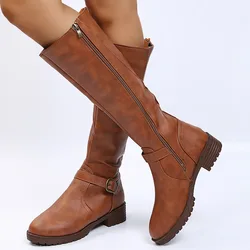 New Soft Leather Women Riding Boots Fashion Double Zipper Chunky Heels Shoes Brown Round Toe Casual Belt Buckle Long Boots Woman