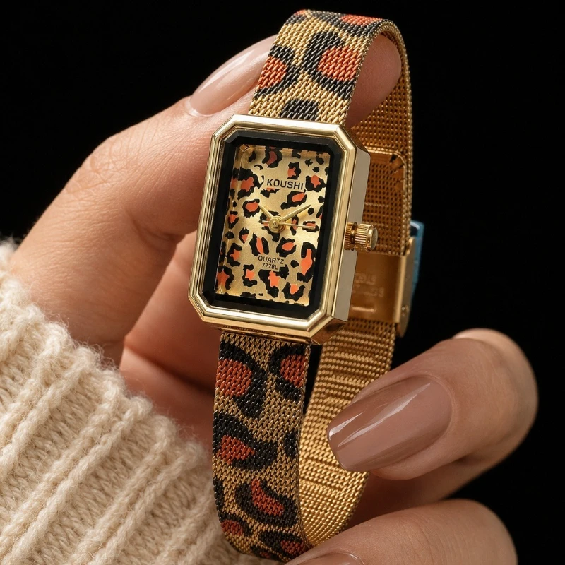 Vintage Leopard Print Square Women Quartz Watch Luxury Steel Mesh Band Ladies Wristwatch Fashion Jewelry Gift for Women Girls