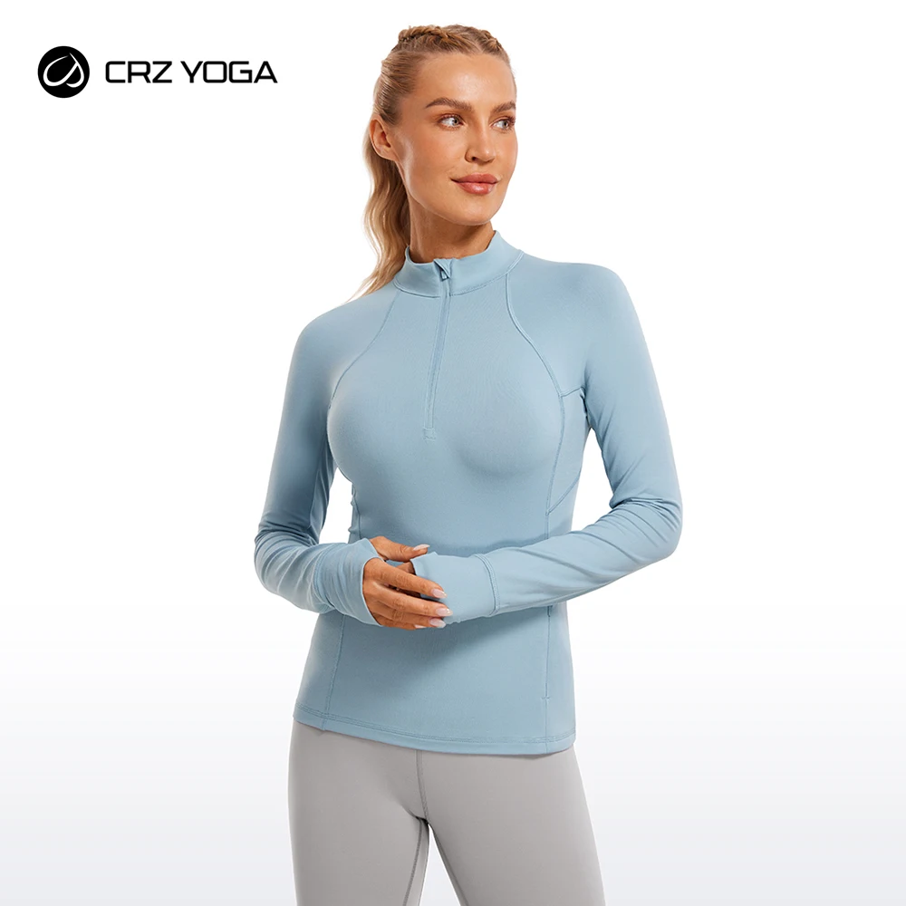 CRZ YOGA Womens Half Zip Long Sleeve Pullover Shirts Slim Fit Workout Yoga Athletic Tops with Thumbholes