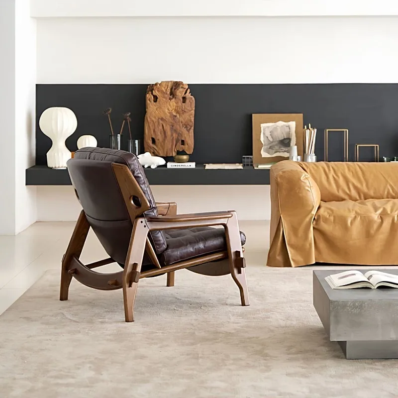 Medieval cigar American single living room sofa chair, tea room leather retro solid wood leisure