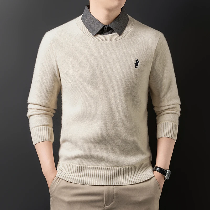 High Quality Velvet Shirt Collar Sweater Men's Trendy Luxury Brand Classic Paul Embroidery Casual Top Winter Warm Knit Pullover