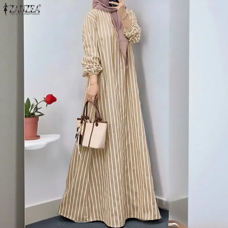 

ZANZEA Spring Elegant Casual Long Sleeve Striped Dress Women Fashion Muslim Abaya Dress Ramadan Robe Kaftan Dubai Hijab Sundress