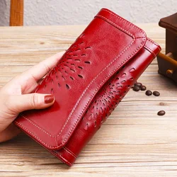 RFID Card Holder Woman wallet Lucky Flower Cow Leather Purse Long Fashion Ladies Clutch Bag